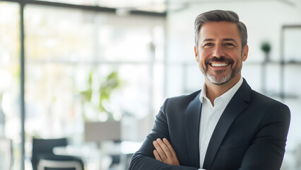 Fototapeta premium Confident businessman smiling and standing in a office. Middle Aged Businessman wearing a Suit showing positivity, growth, and success. 