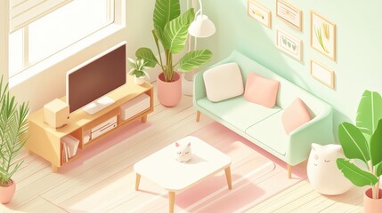 Cute isometric interior with a kawaii touch. Features a pastel-colored room with a cat, simple furniture, and lush green plants.