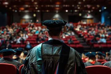 Obraz premium Back view of university graduates standing on the stage of the auditorium in one university