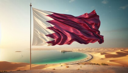 Waving Qatari flag in the desert landscape near a coastline during sunrise, symbolizing national pride and heritage