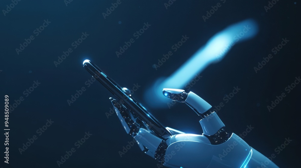 Poster abstract 3d image of robotics and a hand holding a phone, in a dark blue background, highlighting in
