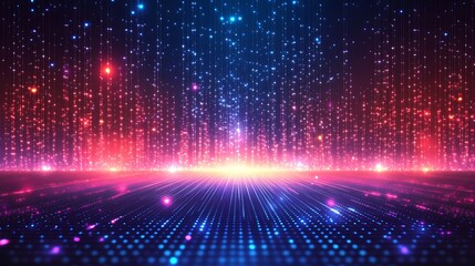 Abstract digital landscape with vibrant light effects, resembling a virtual reality matrix with colorful pixelated lights.