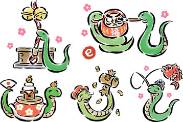 お正月を楽しむ蛇（巳）　筆タッチイラストセット2