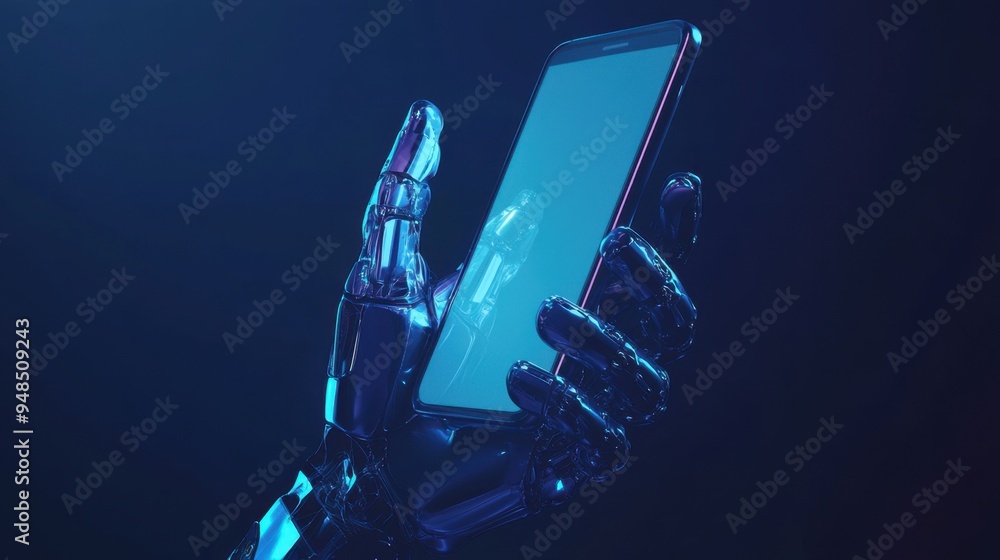 Poster abstract 3d image of robotics and a hand holding a phone, in a dark blue background, highlighting in
