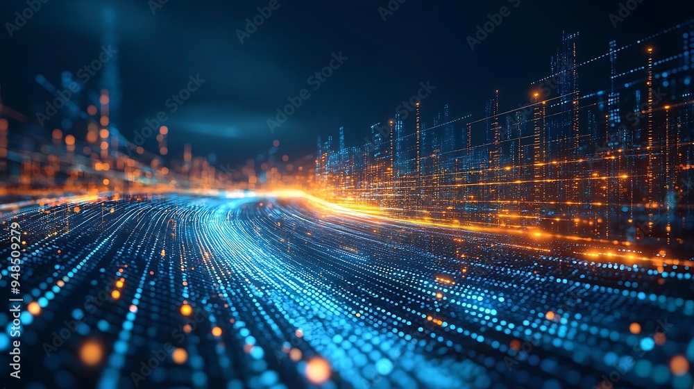 Poster abstract digital representation of data network flowing through cyberspace with glowing nodes and li