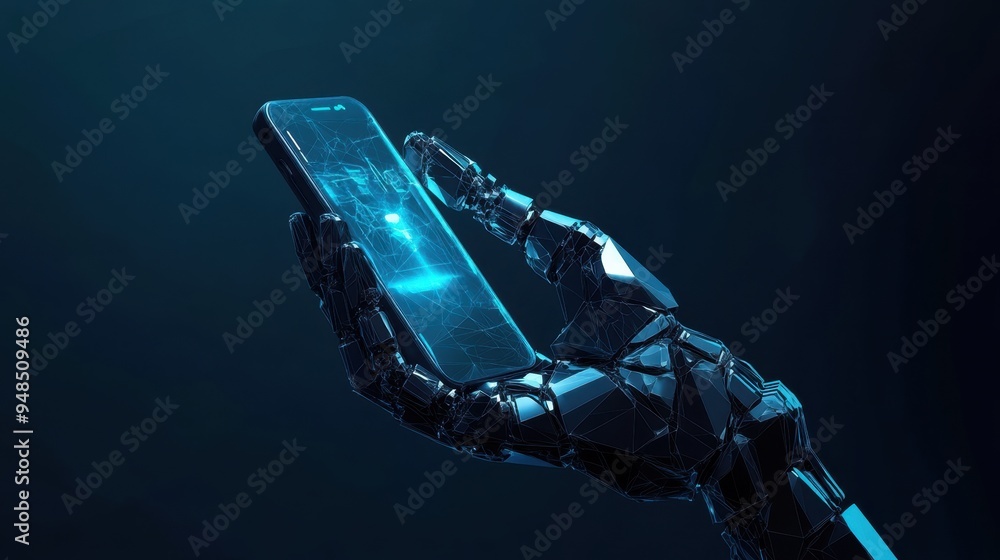 Poster abstract polygonal design of a robotic hand with a phone, set against a dark blue background, emphas