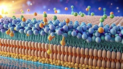 Microscopic view of cell membrane structure, illustrating semi-permeable lipid bilayer with embedded proteins, regulating molecular transport and maintaining cellular integrity.