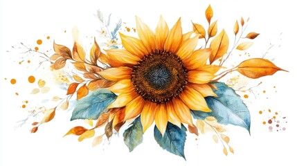 Artistic sunflower with watercolor foliage and flowers, set on a white background, perfect for a colorful and creative visual