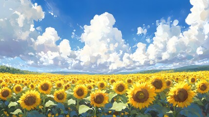 Obraz premium 64. **A field of vibrant sunflowers with a blue sky and fluffy clouds overhead.