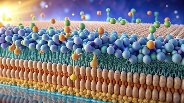 Microscopic view of cell membrane structure, illustrating semi-permeable lipid bilayer with embedded proteins, regulating molecular transport and maintaining cellular integrity.