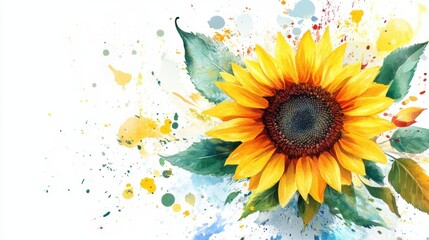 Artistic sunflower with watercolor foliage and flowers, set on a white background, perfect for a colorful and creative visual