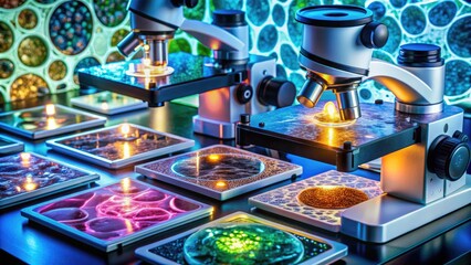 Microscopic view of cellular structures and tissue samples on glass slides, illuminated by light, magnified under a biological microscope for scientific examination.