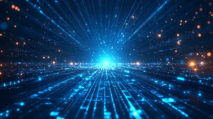 Fototapeta premium Abstract futuristic digital landscape with glowing blue lights and depth, resembling data streams and high-tech networks.