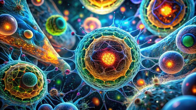 Microscopic view of fluorescently labeled cellular structures, showcasing intricate details of cell membranes, organelles, and cytoskeleton, highlighting advanced biomedical research techniques.