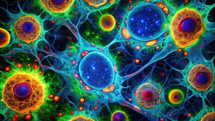 Microscopic view of fluorescently stained cells, illustrating advanced biological imaging techniques for detailed visualization of cellular structures and biological processes in research settings.