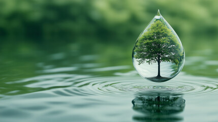 A single water drop with an intricate tree inside, floating on calm waters against a green background, symbolizing the environment and the sustainability of clean energy technology