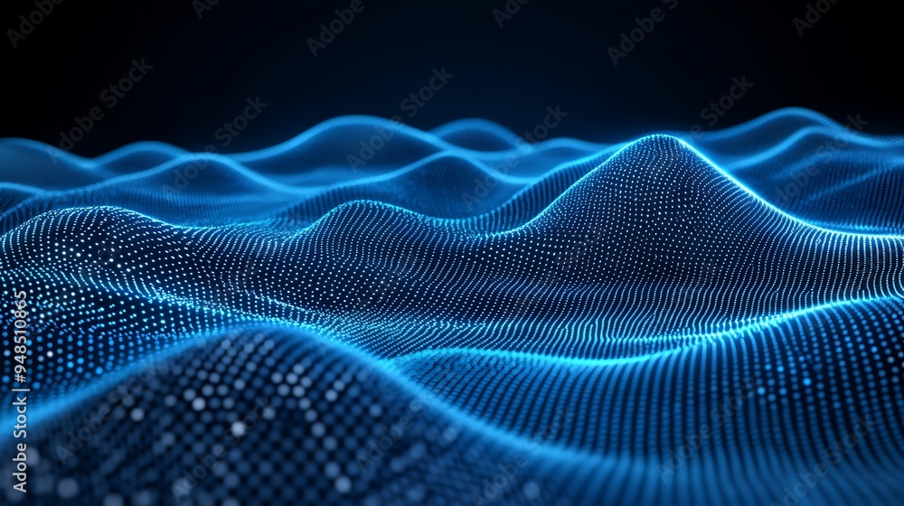 Poster abstract glowing blue waveforms over a dark background, representing futuristic digital technology o
