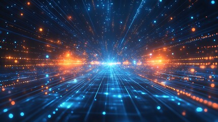 Obraz premium Abstract visualization of a futuristic digital data network with blue and orange light trails, symbolizing technology, speed, and connectivity.