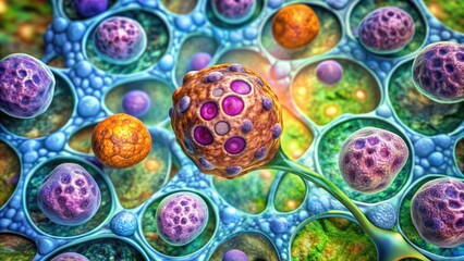 Microscopic view of renal cell carcinoma, showing abnormal kidney tissue with malignant cells, irregular nuclei, and disrupted architecture, highlighting cancerous invasion.