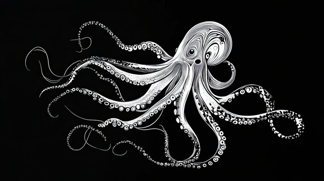 recommend clip art: White Line Drawing of an Octopus on Black Background