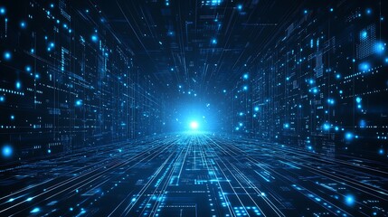 Obraz premium Digital data stream in a futuristic cyber space background. Concept of big data, blockchain, and advanced technology.
