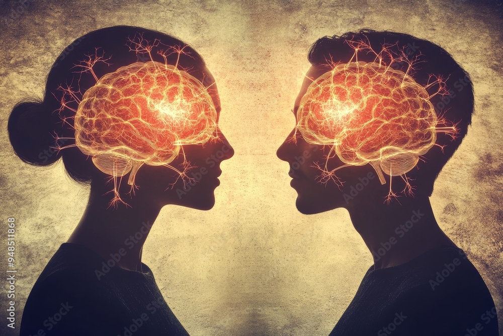 Poster vintage style silhouette of two faces with glowing brain visuals representing the complex and interc