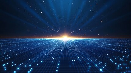 Obraz premium Digital sunrise over a futuristic landscape with glowing grid and light rays, symbolizing technology and innovation.