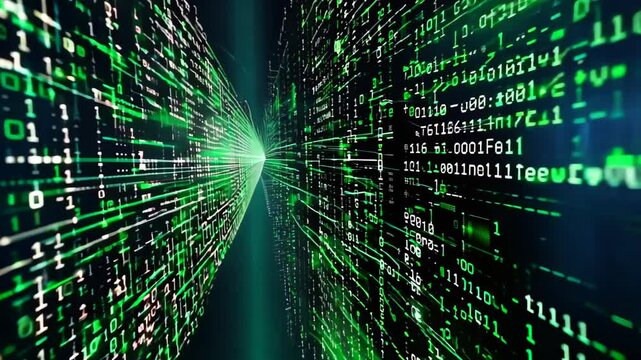 a vivid cybernetic landscape, with streams of green binary code flowing toward a radiant center.