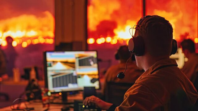 an individual wearing headphones, surrounded by multiple computer screens. backdrop suggests a dramatic scene, possibly involving fire or an emergency.