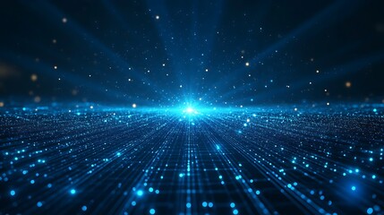 Futuristic blue digital landscape with glowing light rays and particles, representing technology, data, and innovation.