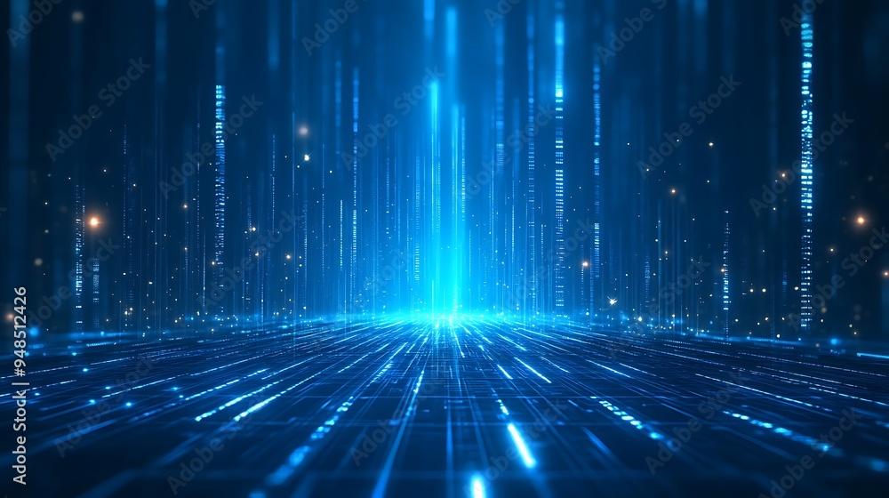 Poster futuristic blue digital landscape with glowing lights and vertical lines representing data and techn