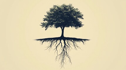 A minimalist illustration of a single tree with deep roots symbolizing sustainability