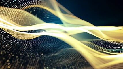 artwork presents an abstract composition with flowing lines and waves in vibrant yellow and blue, contrasted by a darker backdrop. dynamic piece conveys a sense of movement and vitality.