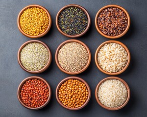 Assortment of various grains and legumes in bowls on a dark background.