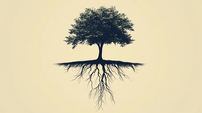 A minimalist illustration of a single tree with deep roots symbolizing sustainability
