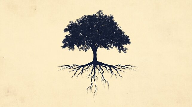 A minimalist illustration of a single tree with deep roots symbolizing sustainability