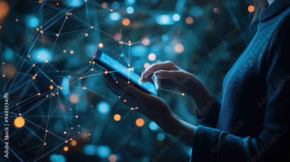 Aufkleber a person interacting with mobile devices amidst a digital technology backdrop, symbolizing the inter