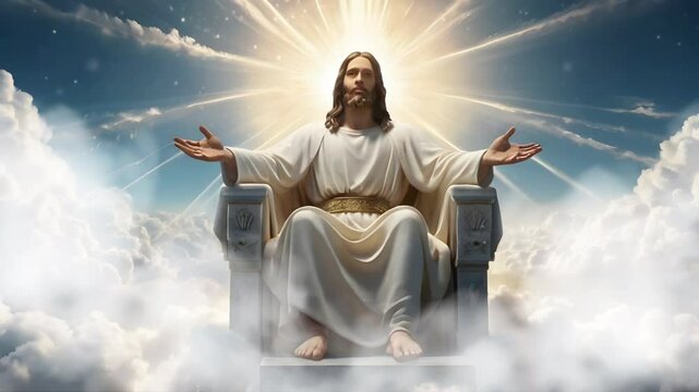Jesus Christ is sitting on the throne of heaven. Seamless 4K looping timelapse video animation background