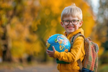 A cute, smiling, happy schoolboy wears glasses and holds a globe, map. On the opening day of the new school term which is a symbol of education around the world