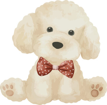 Vector, puppy with red bow, fluffy dog, toy, plush toy, gift, gift toy, present, festive, toy for birthday, icon. Watercolor illustration, Greeting cards, invitation, party, baby shower, birthday, eve