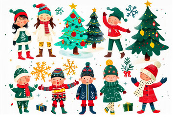 Set of vectors. Children characters at Christmas, with gift boxes and Christmas trees.
