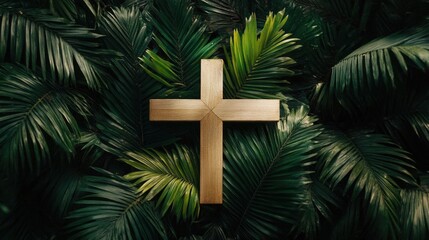 Christian cross surrounded by palm leaves, representing Palm Sunday, perfect for a spiritual and sacred visual
