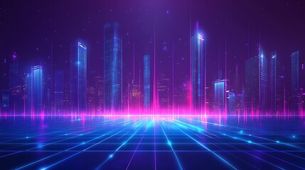 Futuristic digital cityscape with glowing neon lights and vibrant colors, representing technology and innovation in a virtual world.