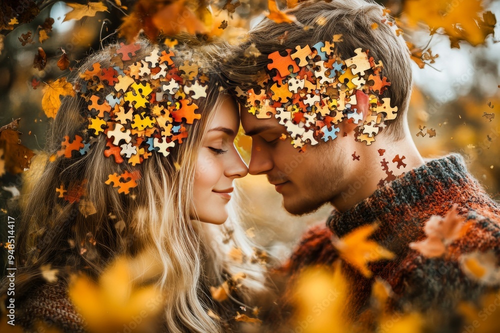 Poster couple in autumn setting with puzzle piece brain visuals symbolizing the harmony and intellectual co