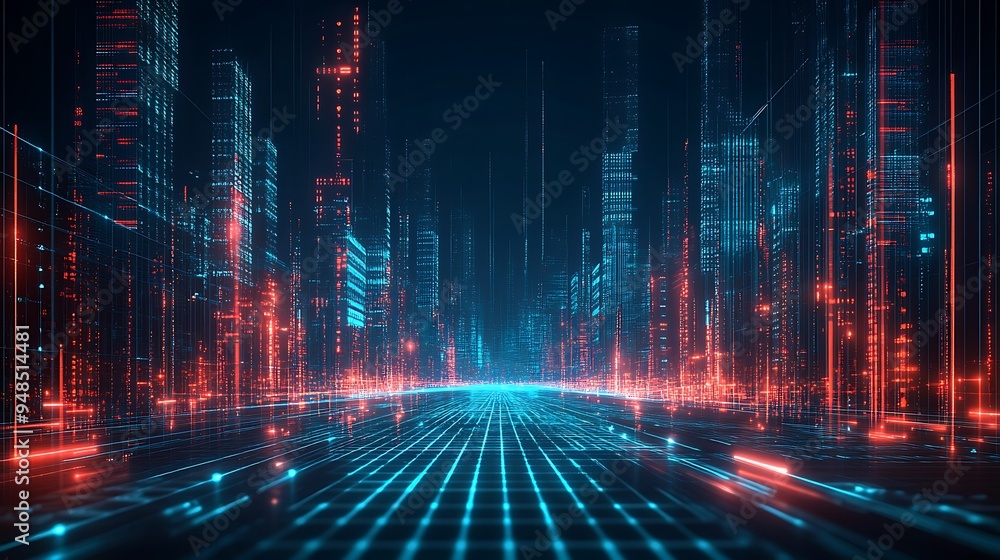 Poster futuristic digital cityscape with glowing neon lines and abstract skyscrapers, representing advanced