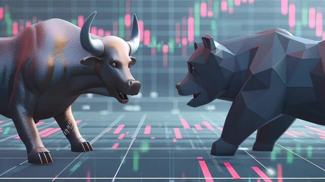 a stylized bull and bear set against financial charts. bull symbolizes a rising market, while the bear represents a declining one, conveying themes of finance and trading.