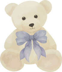 Vector, bear with bow, fluffy teddy bear, toy, plush toy, gift, gift toy, present, festive, toy for birthday, icon. Watercolor illustration, Greeting cards, invitation, party, baby shower, birthday, e