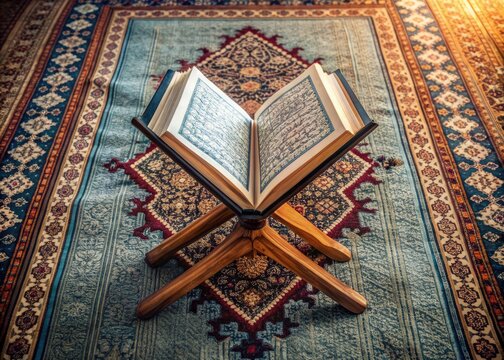 Open Quran on wooden carpet displays Surah Al Baqarah's Arabic script in a serene, top-down composition, evoking a peaceful Islamic devotional atmosphere, Jakarta, Indonesia.