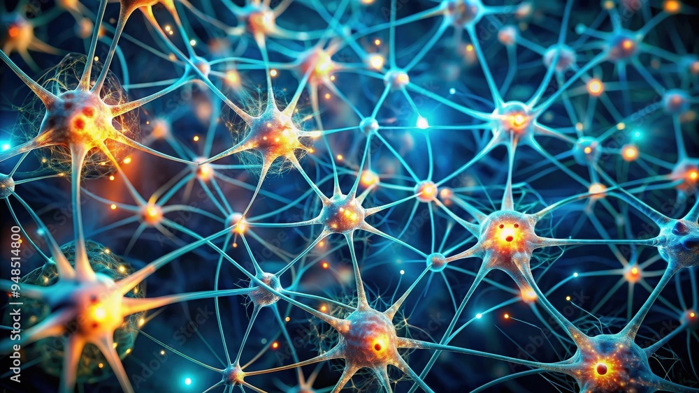 Poster detailed morphism of neural networks showcasing microscopic wonders, neural networks, microscopic