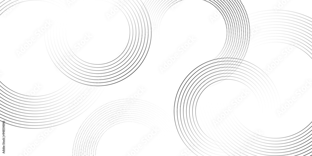 Poster Abstract white background with black circle rings. Spiral sound wave rhythm line and dots dynamic abstract background, Vector illustration design for presentation, banner, cover, poster, texture Etc.	